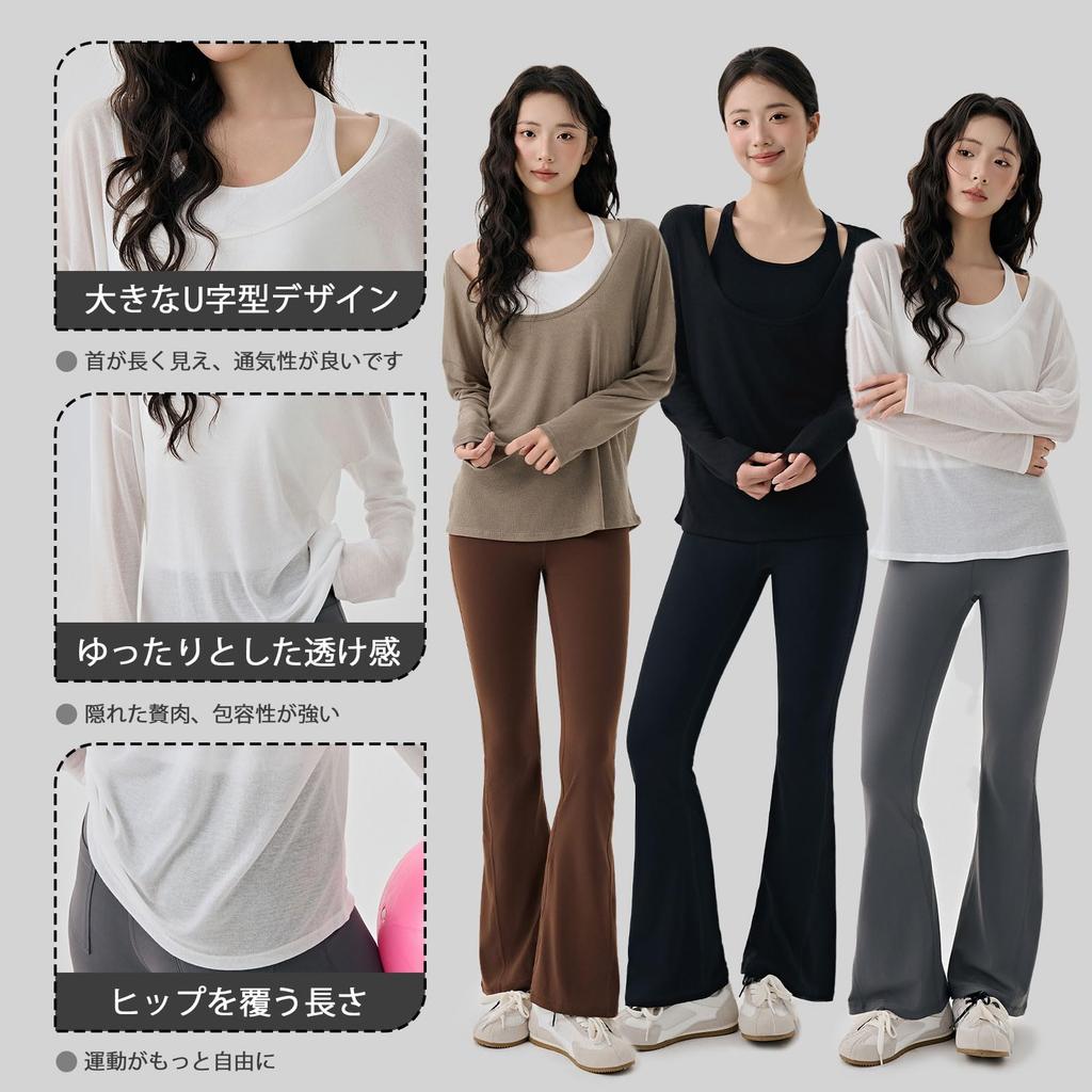 IRCOLVE Sportswear Loose Long Yoga Women's T-Shirt, Fit, Sleeve, Top, Spring/Autumn, Running, Pilates, Gym, Sheer, Quick-Drying, Figure-Flattening