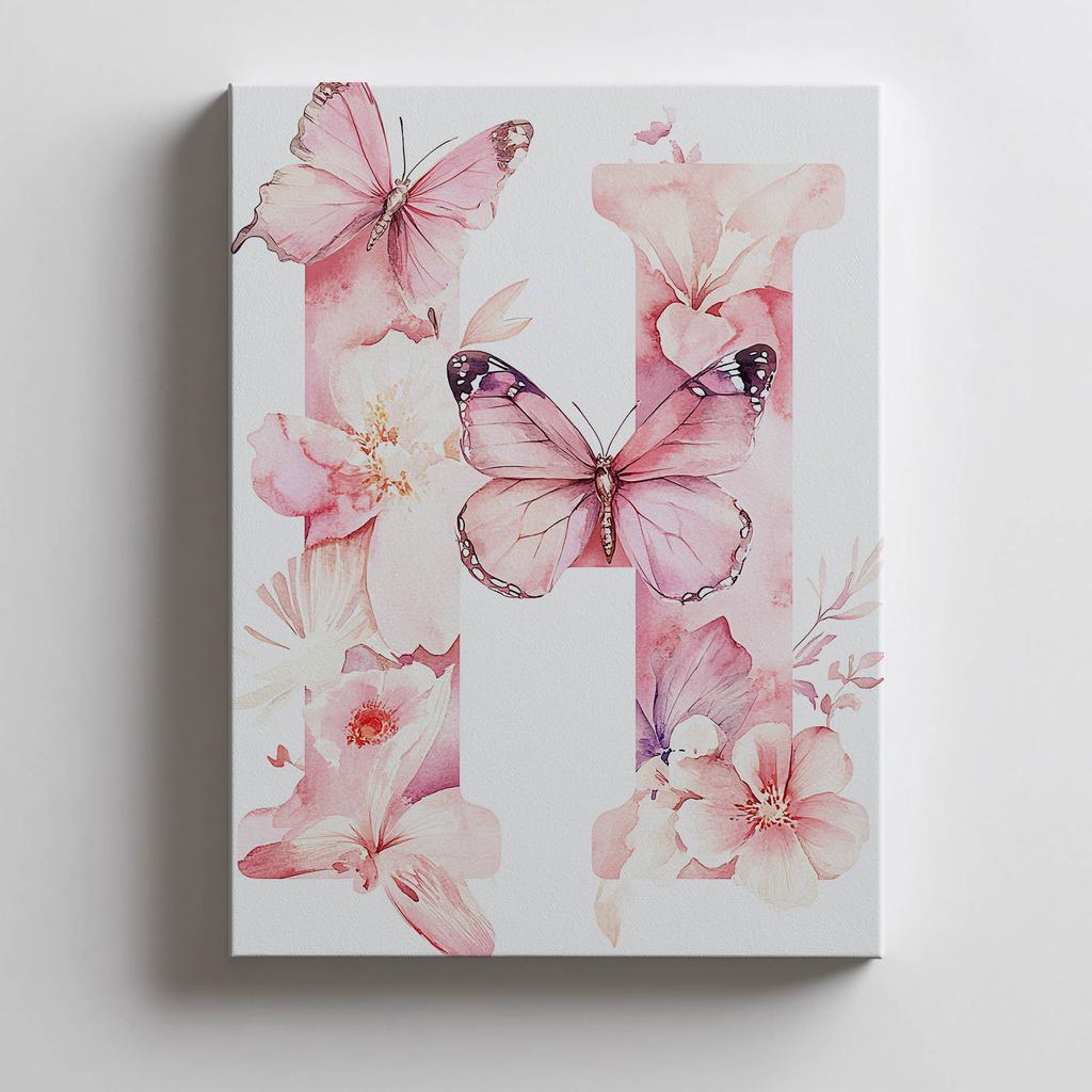 Plakat Romantyczna Litera H Z Kwiatów I Motyli Plakat Romantyczna Litera H Z Kwiatów I Motyli, 50X70 Cm, Rama Aluminiowa Czarna, Papier Matowy 230 Gsm