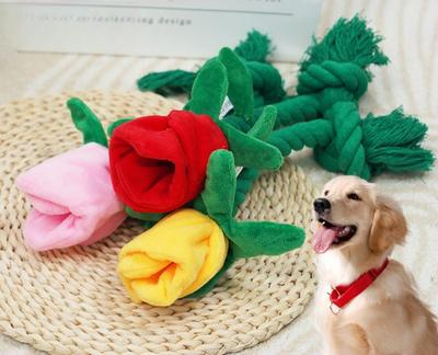 Rose Shape Plush Dog Toy Cotton Knot Squeaky Crinkle Paper Bite Resistant Molar Chew Toy Self Play Reduce Boredom Interactive Pet Supplies