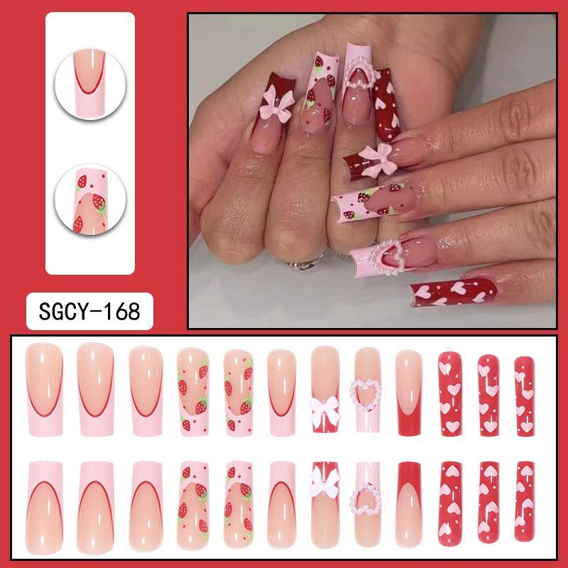 Valentine's Day Pink Peach Heart Bow Strawberry Long Water Pipe French European and American Fake Nails Sweet Wearing Nail Art Tablets