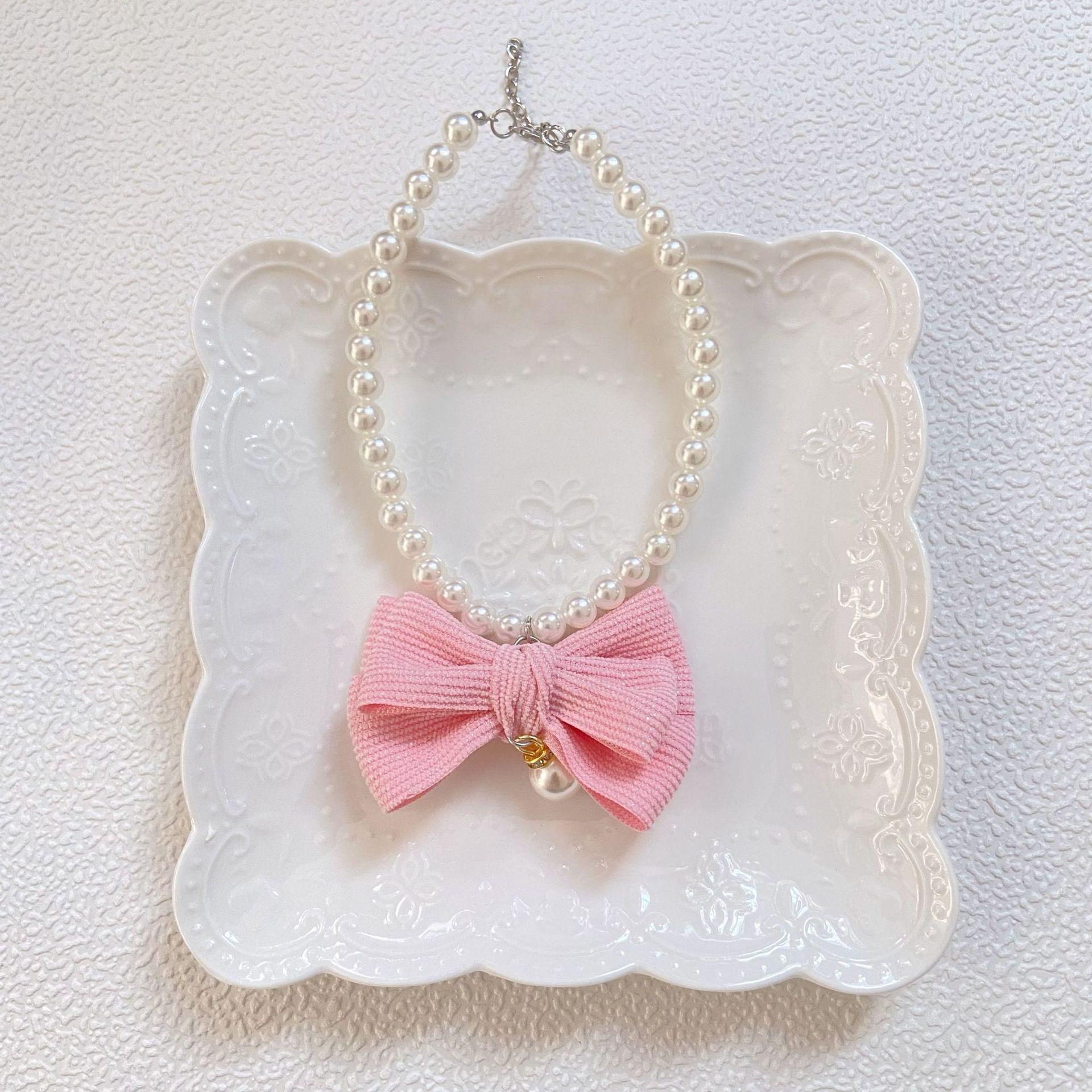 Pet Collar Teddy Bigbear Cat Pearl Bow Necklace Bow Tie Pendant Pet Accessories Pet Accessories S:27+5cm