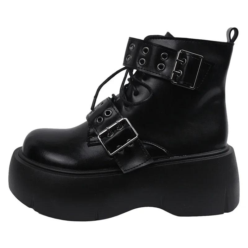 Ankle Boots Women Sneaker Platform Flats Shoes Woman Autumn  Trend New Rock Leather Punk Lace Up Thick Sole Goth Botas Mujer