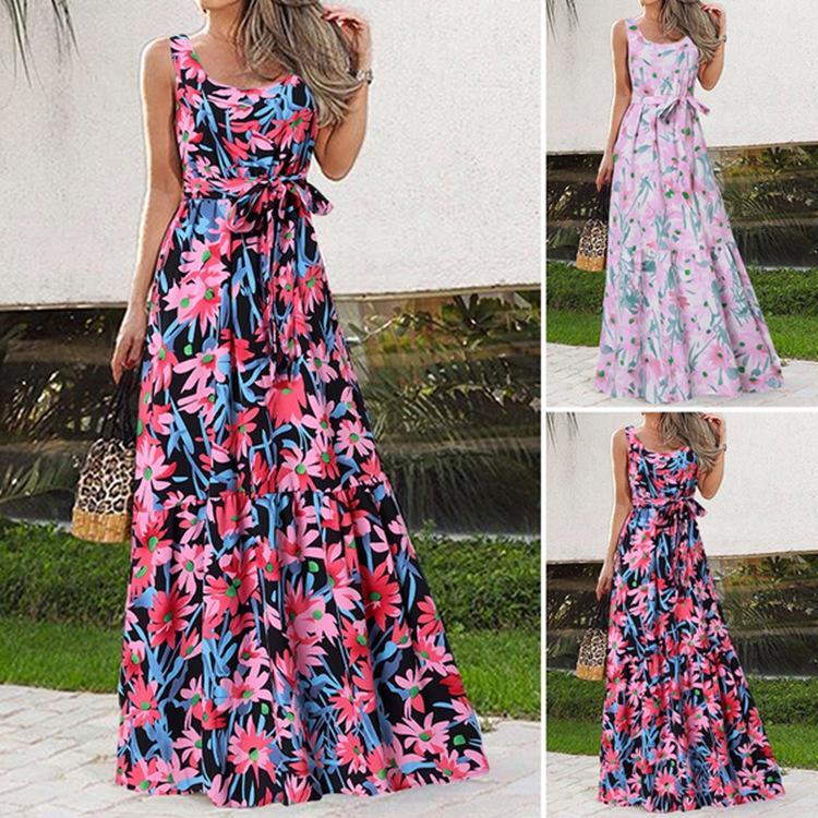 New popular summer print casual long dress belt dress