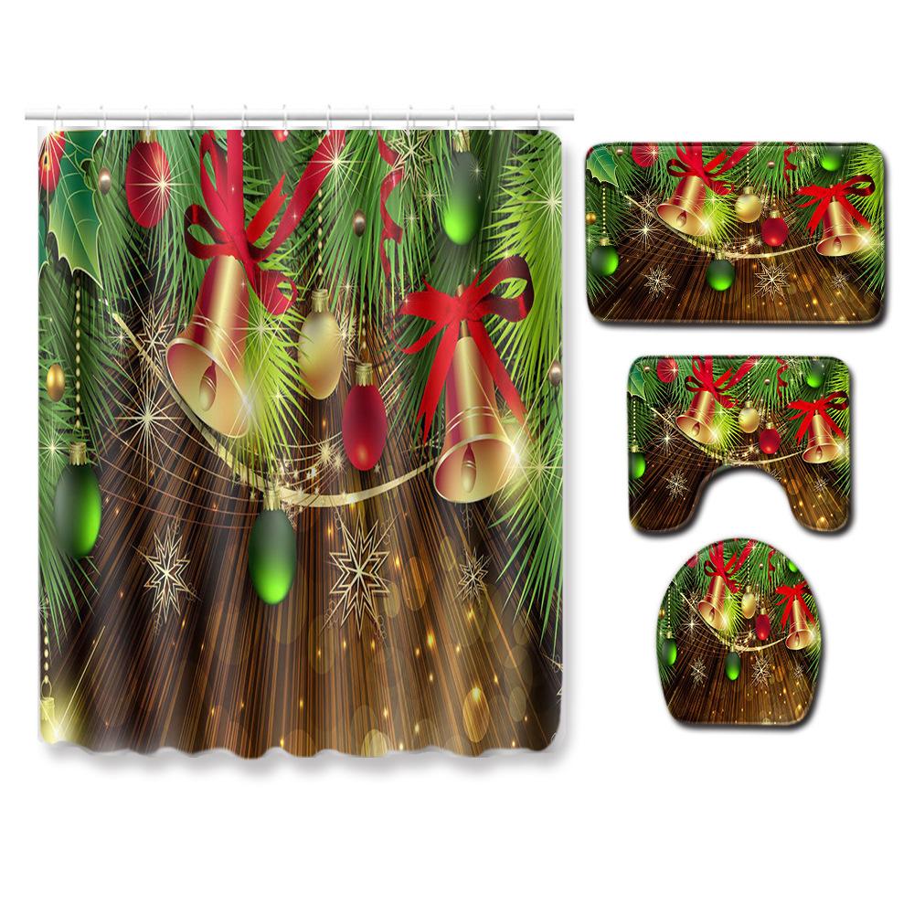 Christmas Printed Shower Curtain Floor Mat Four-Piece Bathroom Toilet Non-Slip Absorbent Carpet Toilet Non-Slip Door Mat