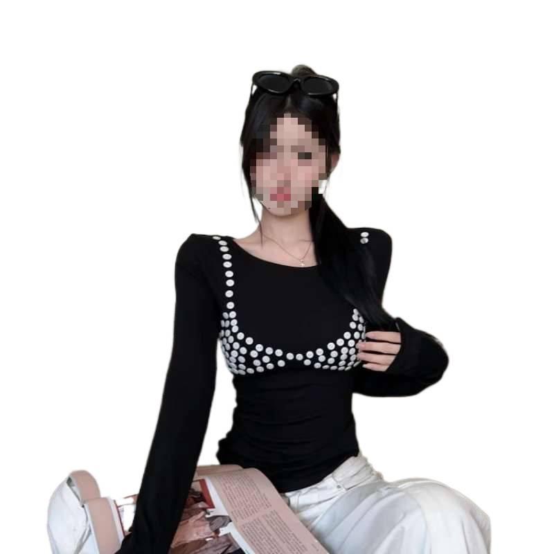 Elegant Sequin Long-Sleeve T-Shirt for Women - Chic Korean-Style Winter Top