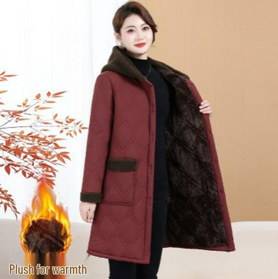 Warm Fleece-Lined Hooded Cotton Coat for Middle-Aged & Elderly Women