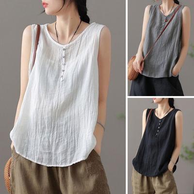 Women Summer Vest Round Neck Sleeveless Buttons Decor Color Tank Tops Solid Thin Loose Fit Camisole Streetwear