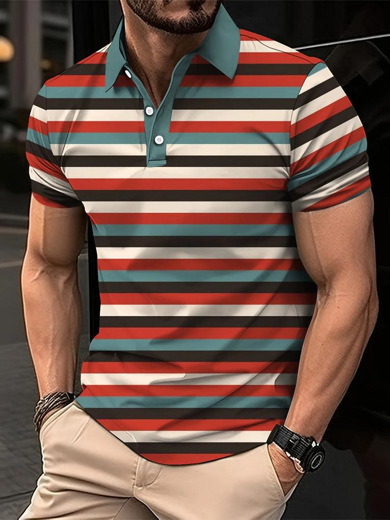 Men's Summer Short Clothes Sleeved Lapel 3D Digital Printed Striped Polo Shirt Men's Fashion Business Casual Top Clothes