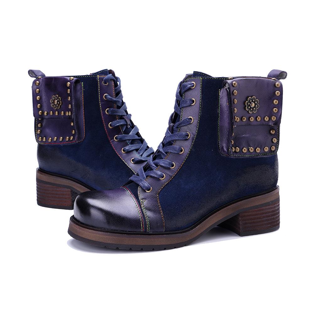 Johnature Botas Curtas de Salto Grosso Estilo Britânico com Rebites e Costura em Couro Genuíno Retrô Feitas à Mão para Mulher