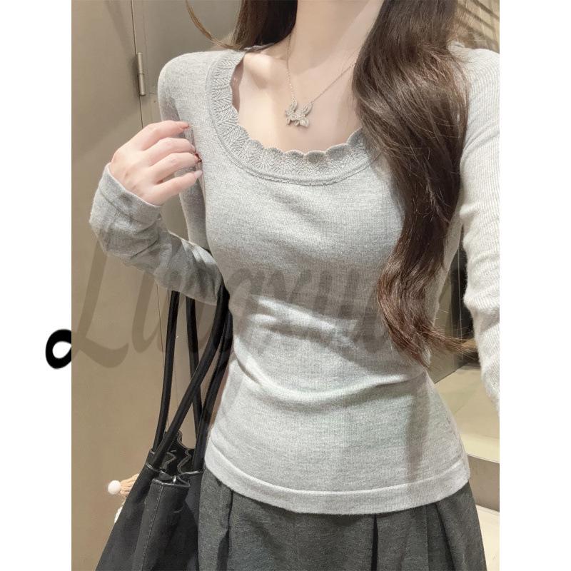 Spring Korean Style Lace U-Neck Wool Knit Long-Sleeved Top One Size