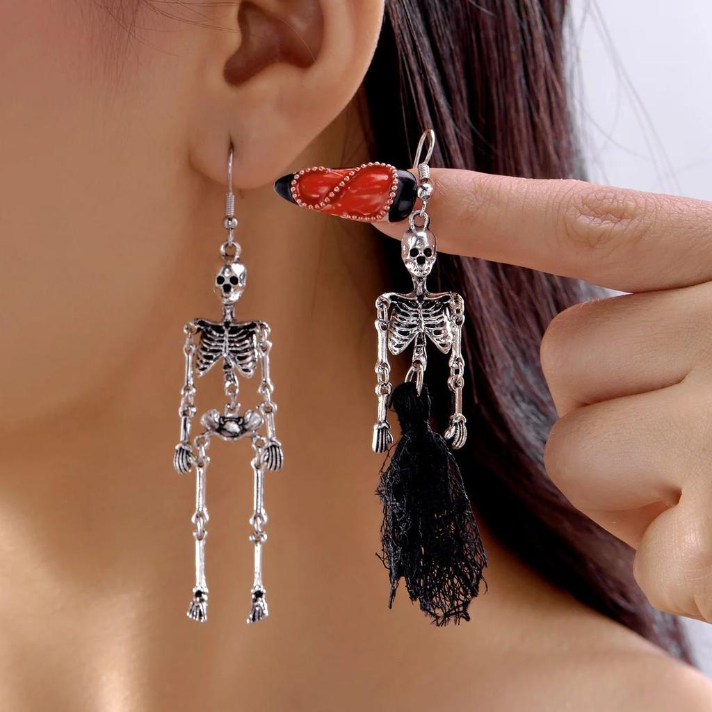 New Halloween Asymmetric Skull Skeleton Drop Earrings for Women Gothic Punk Long Tassel Earrings Girl Party Jewelry Gifts