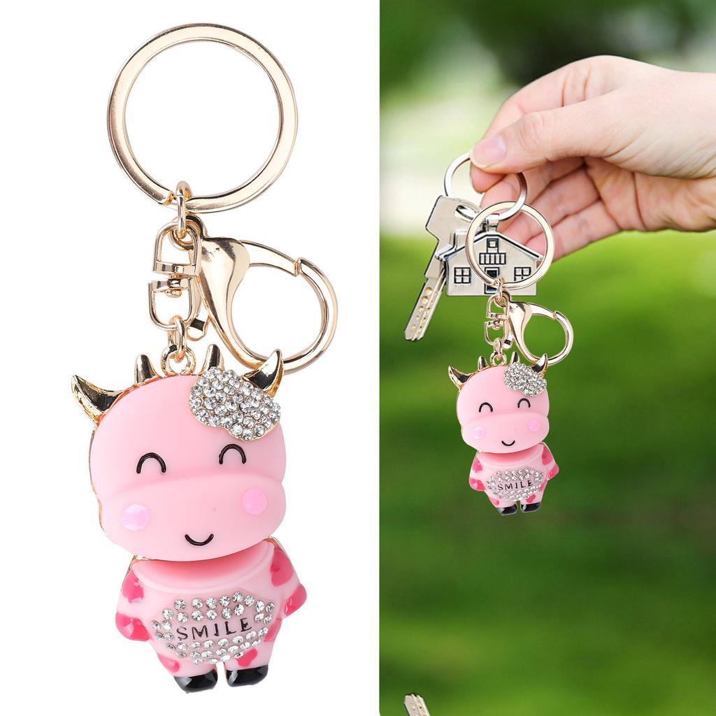 2Pcs Keychain Pendant Cartoon DiamondStudded Resin Small Cow Shape Metal Key Ring Decoration(Pink )