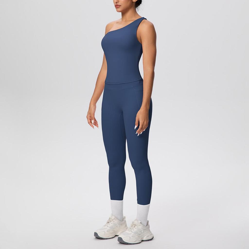 European & American Solid Color One-Shoulder Sports Vest & High-Waisted Pocket Yoga Pants Fitness Set for Women