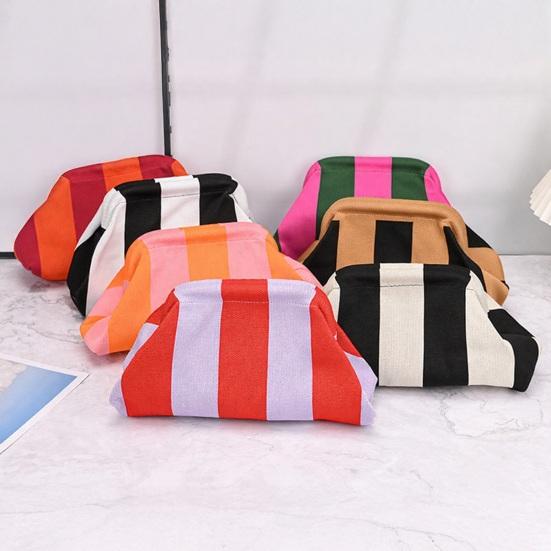 Lightweight Vacation Bag Women Woven Striped Clutch Purse, Large Capacity Kiss Lock Travel Makeup Organizer Cosmetic Pouch, Summer Beach Evening
