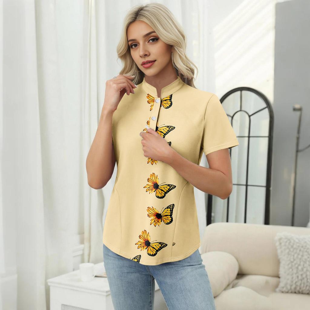 Damen-T-Shirt mit lässigem Blumendruck, V-Ausschnitt, kurzen Ärmeln und dekorativen Knöpfen
