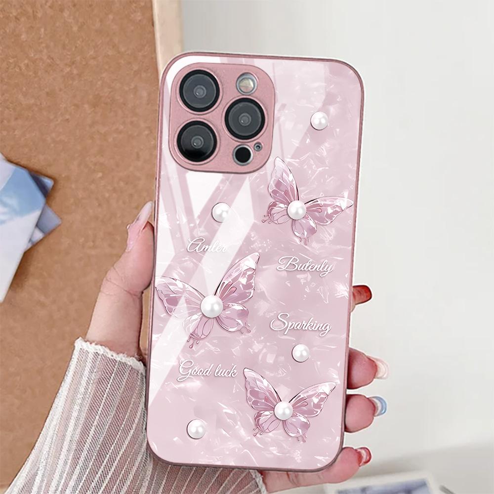 Tempered Glass Phone Case For iPhone 17 Pro Max 11 15 13 14 12 16 Pro Max 17 Air 16E SE 2022 7 8 Plus XR Elegant Butterfly Cover