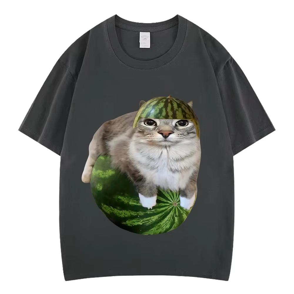 Watermelon Cat Silly Cat Funny Meme T Shirts Unisexs Unisex Clothing Casual Pure Cotton Tshirt Fashion Tshirts Streetwear