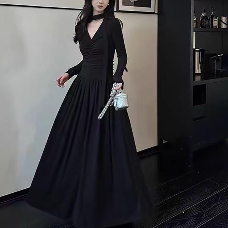 

Платье-растяжка с V-образным вырезом и плиссировкой Niche Design, женское осеннее облегающее длинное платье A-word, новое S