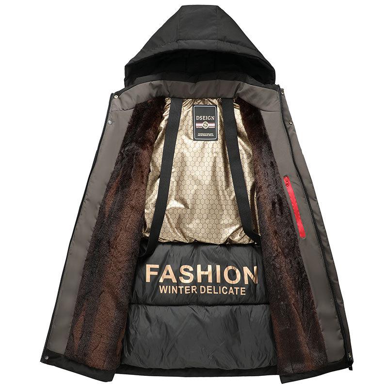 Men's Black Gold Mid-Length Winter Jacket - Thickened, Velvet-Lined, Loose-Fit Dad's Wear
