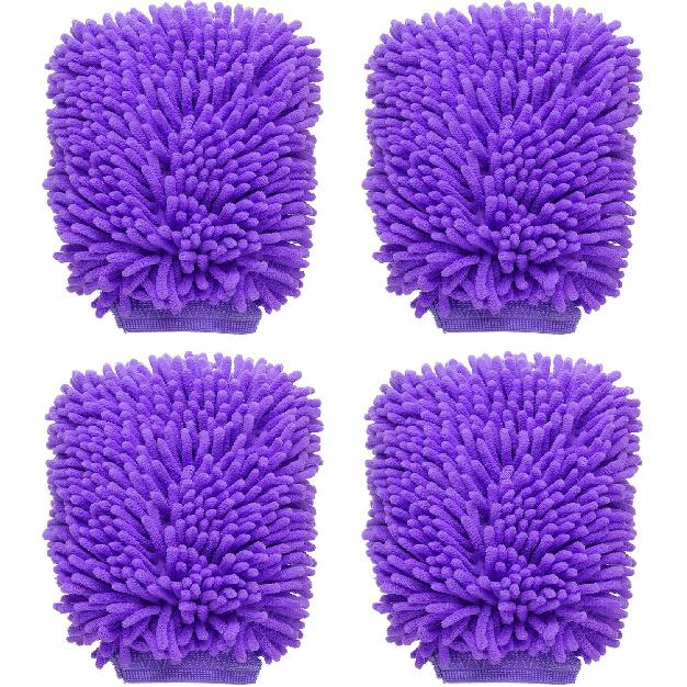 HARFINGTON 4pcs Chenille Microfiber Car Wash Mitts 10  x 7.5  Scratch Free Wash Gloves Absorbent Double Sided Plush Cleaning Drying Mitts for Car фиолетовый