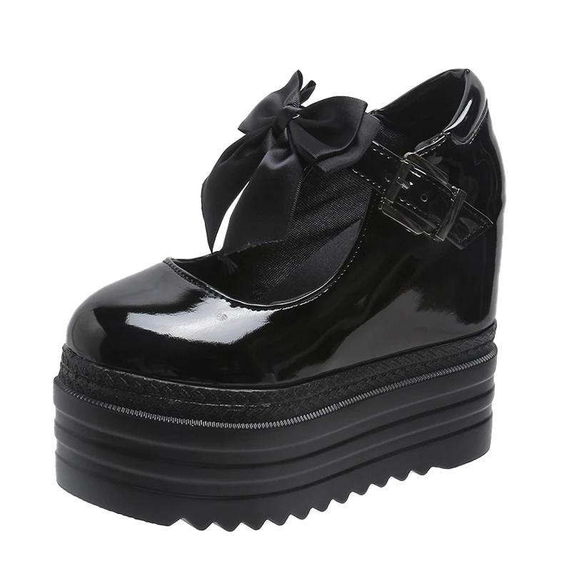 Mode 12,5CM Plateau Hohe Wedges Damen Pumps Sneakers Lässig Gothic Stil Punk Schnürung Schnalle Schwarz Schmetterlingsknoten Damenschuhe