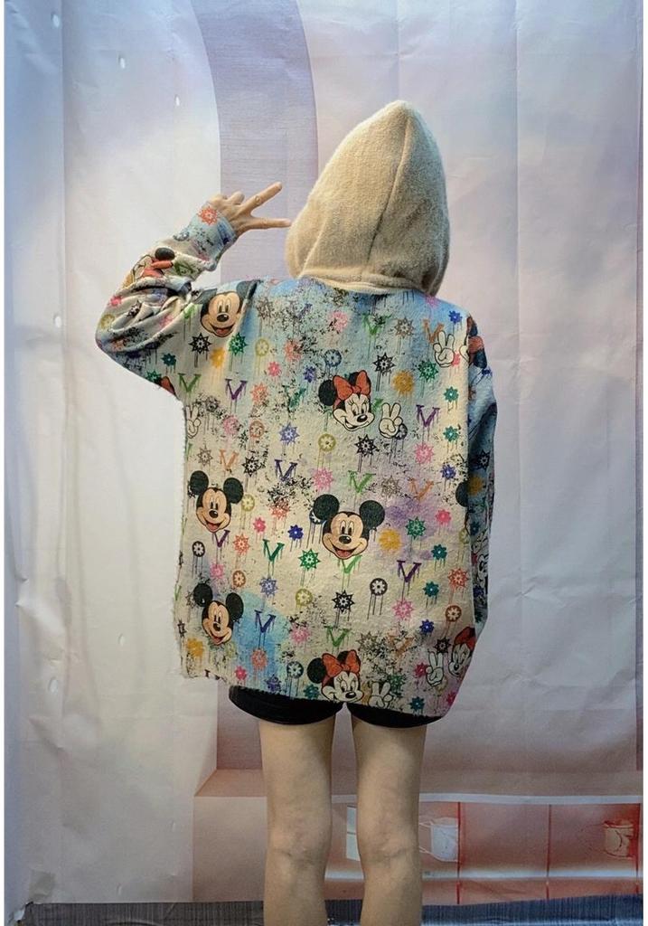 Plus Size Mickey Print Hooded Sweater for Women - Loose, Casual, Age-Reducing Knit Top