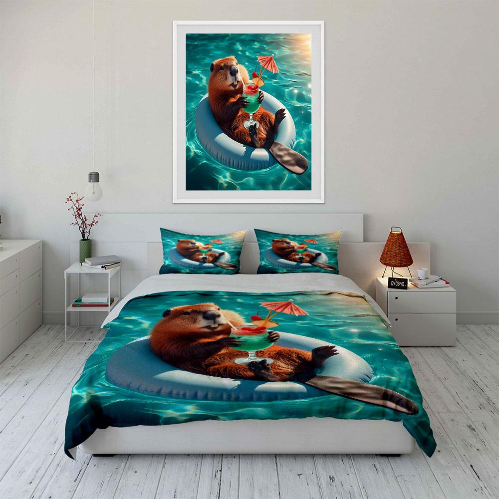 Beaver Relaxing In Pool Bedding Duvet Cover Set  (1*Duvet Cover 2*Pillowcases, Without Duvet Insert)