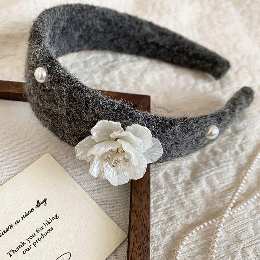 Sweet Floral Pearl Hair Hoop Korean Style Wide Edge Hairband Flocking Flower Headband  Lady