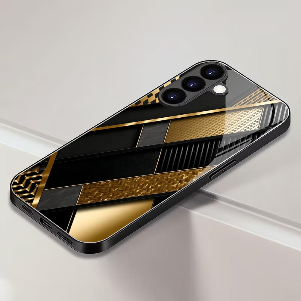 Gold patterned black glass phone case suitable for Samsung Galaxy S26 S25 S24 S23 S22 S20 FE/Ultra/Plus anti drop back cover