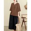 Womens Brown Cotton T Shirt Casual Small V Neck Drop Shoulder Loose Fit Blouse