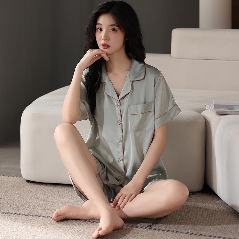 Ice silk pajamas women's summer short-sleeved shorts new imitation silk high-end black summer loungewear