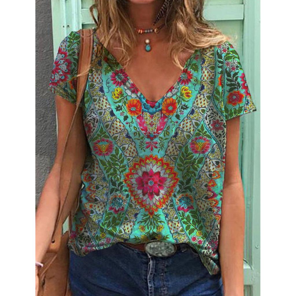 Summer V-neck 3D Retro Ethnic Style Printed Top Fashionable Casual Short Sleeved Women's T-shirts