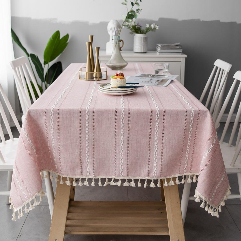 Nordic Christmas Tablecloth Striped Embroidery Flower Tablecloth Cotton Art Hotel Household Tea Table Cloth Pad