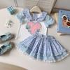 Girls Summer 2 Piece Outfit Cartoon Puff Sleeve T Shirt And Plaid Lace Trim Skirt Set Cute Kids Clothing