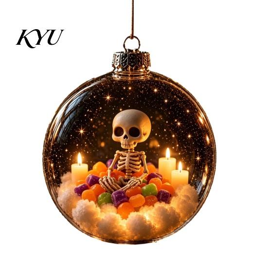 Halloween Ornament for Front Door Ball Ornament, Light Up Plastic Clear Hanging Spooky Home Decor Living Room Decoration with Cat/Skeleton/Bat Inside