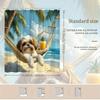 1Pc Shih Tzu Dog Shower Curtain - White & Brown, Hammock On Tropical Beach, Palm Trees & Ocean, 70.8X70.8", Polyester, Washable