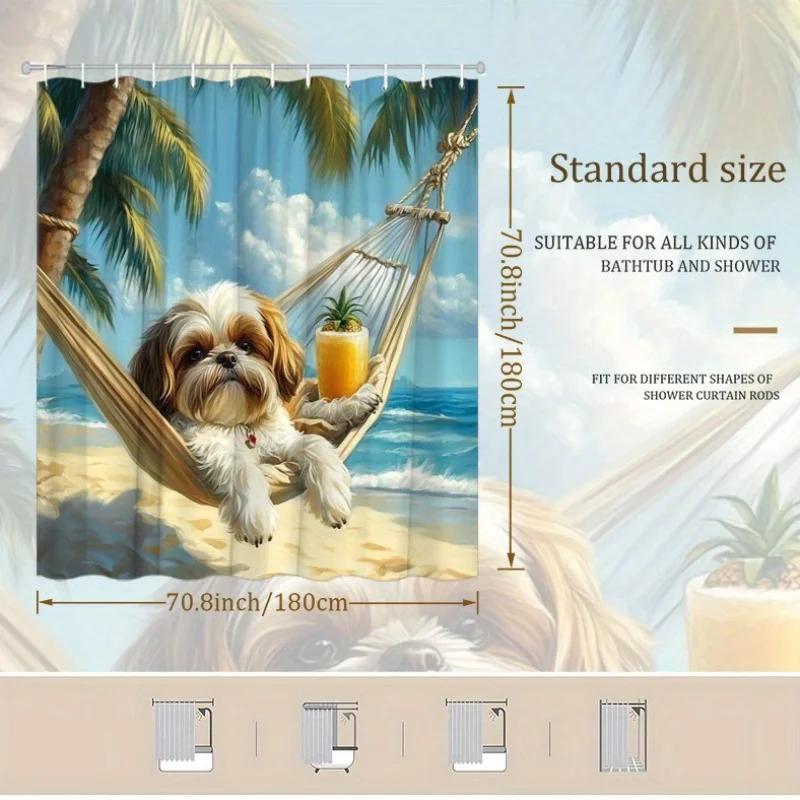 1Pc Shih Tzu Dog Shower Curtain - White & Brown, Hammock On Tropical Beach, Palm Trees & Ocean, 70.8X70.8", Polyester, Washable