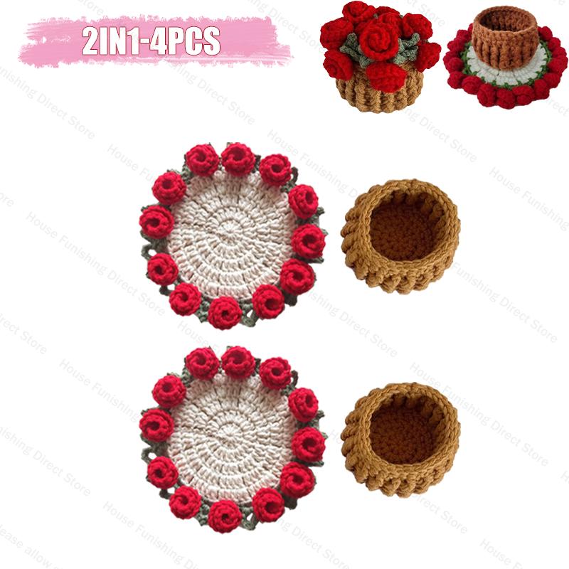 Handmade Crochet Rose Flower Valentine's Day Coaster Heat Resistant Kitchen Table Mat Romantic Home Decor Gift for Wedding Anniv