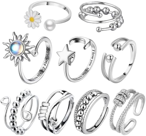 MLPKOI 9 Pcs Fidget Rings Set for Women Girls, Adjustable Open Spinner Anxiety Ring, Anti Stress Relief