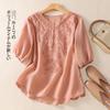 New Embroidered Rattan Cotton and Linen Shirt Summer New Light National Style Seven-point Closed Sleeve Hemming Top