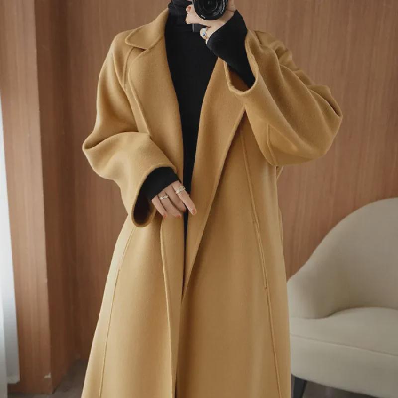 Women's Knee-Length Double-Sided Woolen Coat, Loose Fit, Large Size, 2024 High-End Autumn/Winter Collection