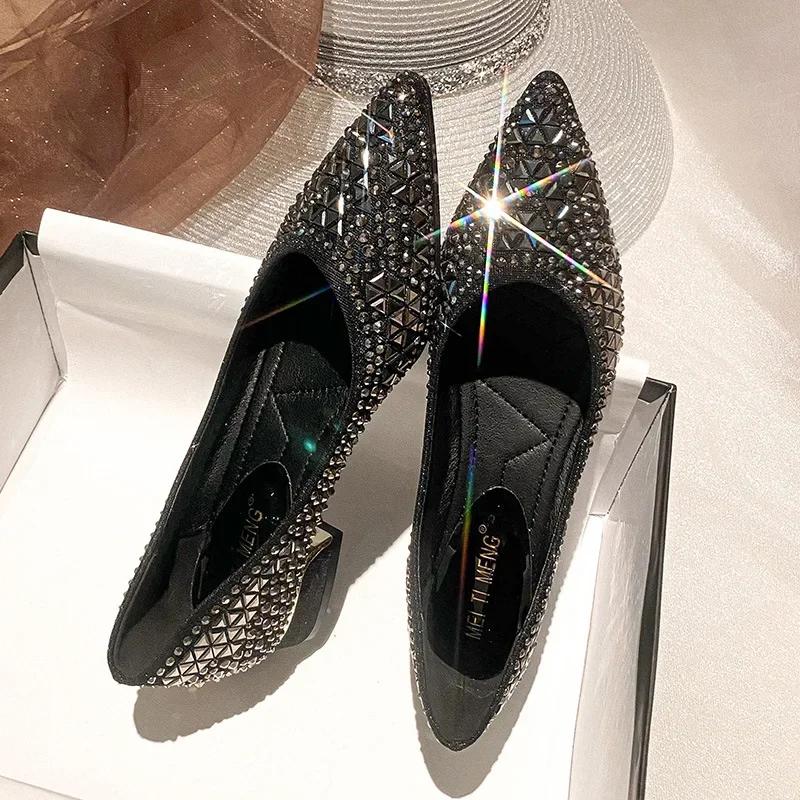 Sliver Rhinestone Ladies Shoes Sexy Red Sole Women's Autumn Full Drill Flat Shoes Large Size  Female Ballet Flat Shoes
