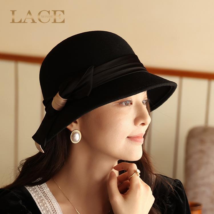 Women's Retro Black Wool Bucket Hat - Autumn/Winter Trendy Japanese Fashion.