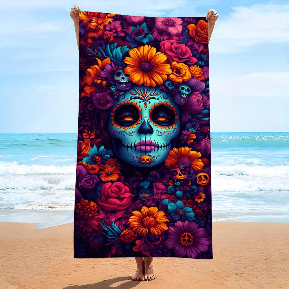 Dalangpa White Oversized Bohemian Beach Towel - Vibrant Floral & Skull Print, Super Soft Microfiber, Quick-Dry Absorbent For Poolside, Summer
