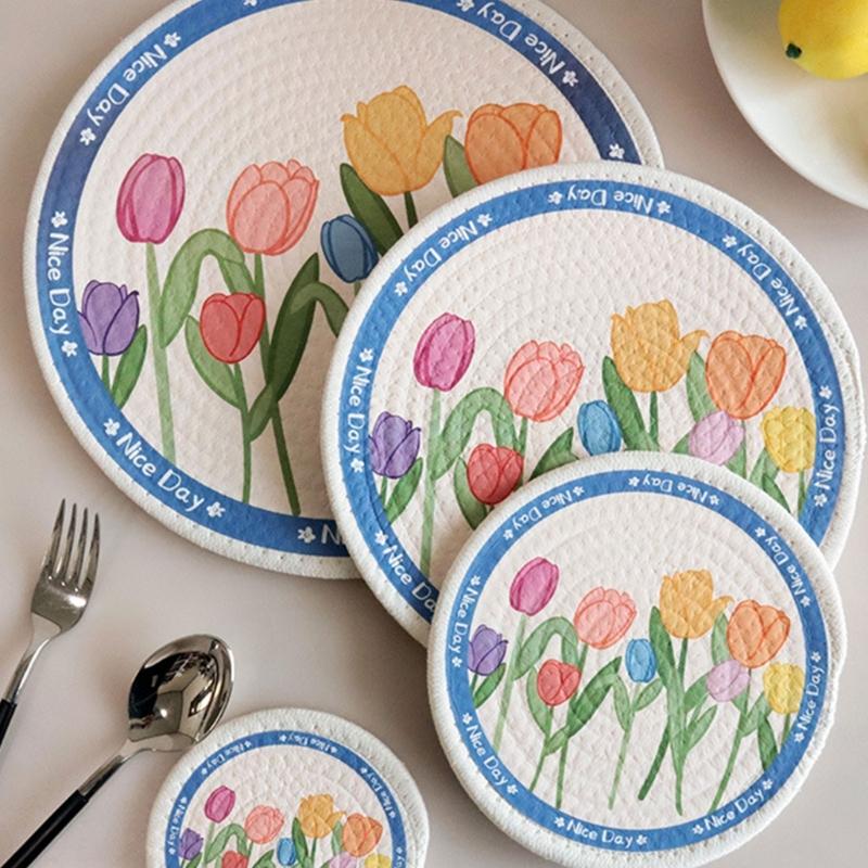 Tulips Flower Mats Cotton Rope Heat Insulated Placemats Party Essential Table Pad
