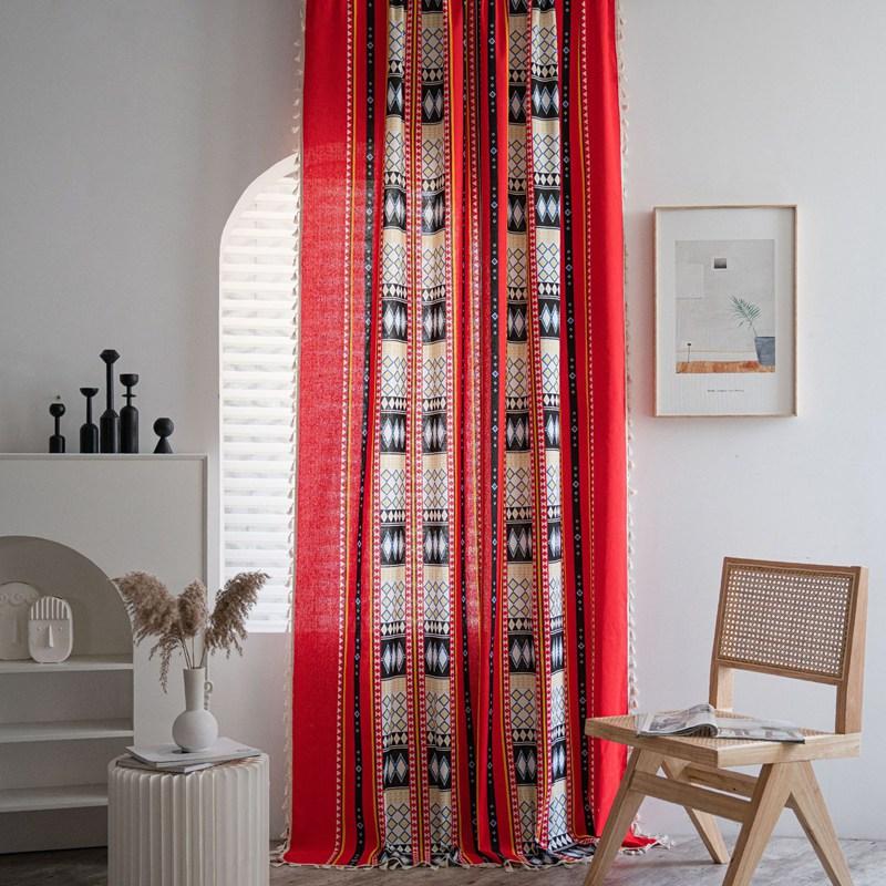 Bohemian Style Cotton Linen Red Geometry Curtain Thick with Tassels Curtains for Living Room Kitchen Valance Home Life Drapes