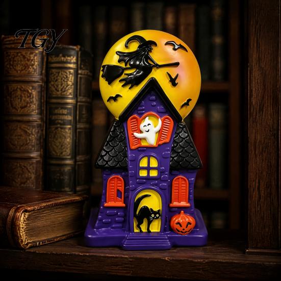 Witch Moon Glow Lanterns Halloween Haunted House Blow Mold Light, Vintage Pre-Lit Mansion Decor with Glowing Style Molded Ghost Black Cat, Indoor