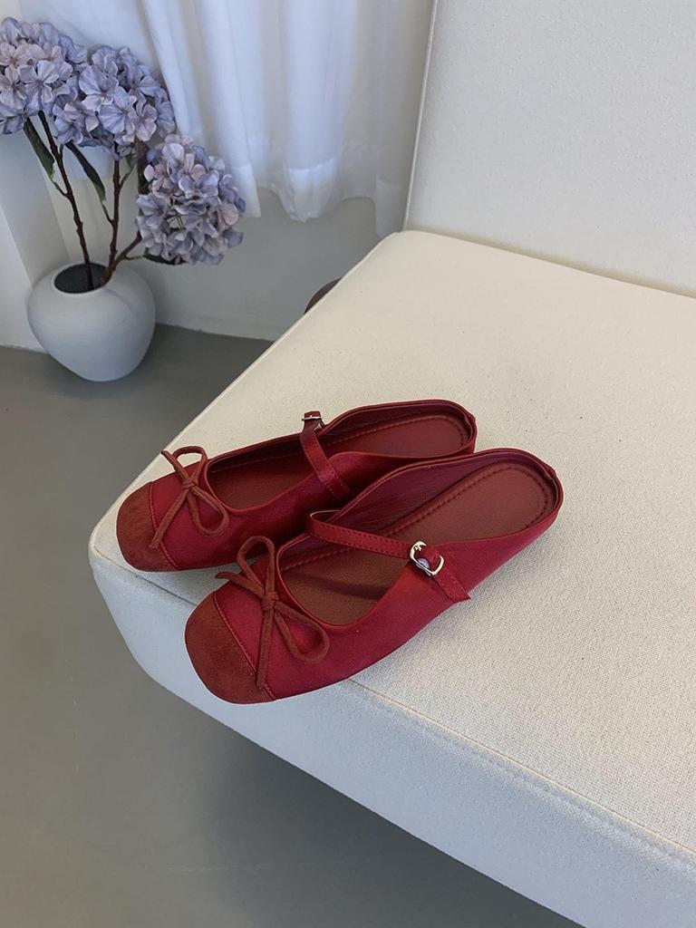 Gentle little red ballet style bag head half slippers women's 2025 spring and summer new bow retro Mary Jane shoes