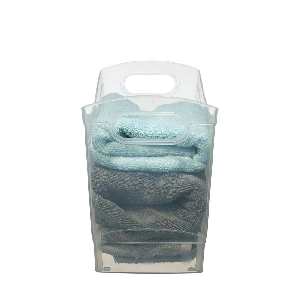 2 Pack Narrow Rectangle Clear Plastic Bins 12 Qt Storage Organizers with Carrying Handles Home Office Use