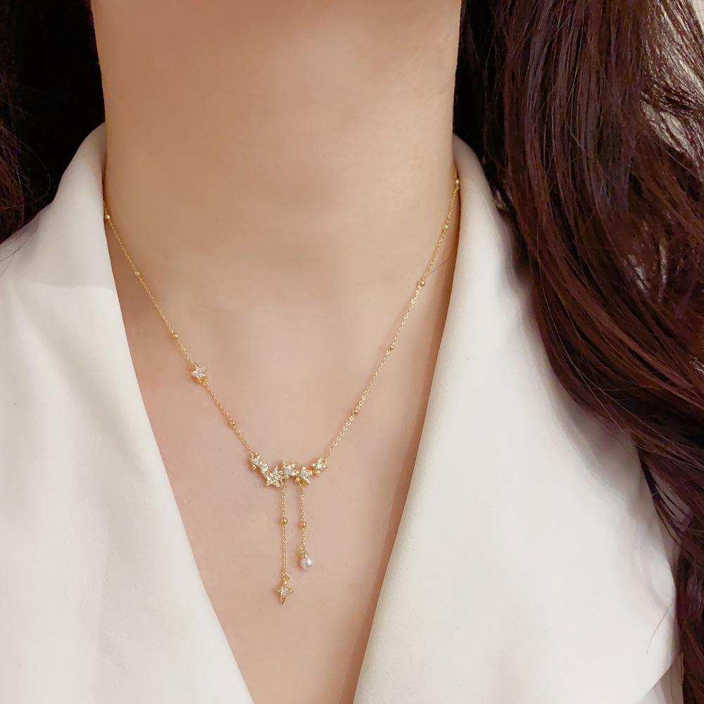 Japan and South Korea Exquisite Fashion Light Luxury Zircon Star Tassel Necklace Temperament Simple Versatile High Sense Super Flash Collarbone Chain